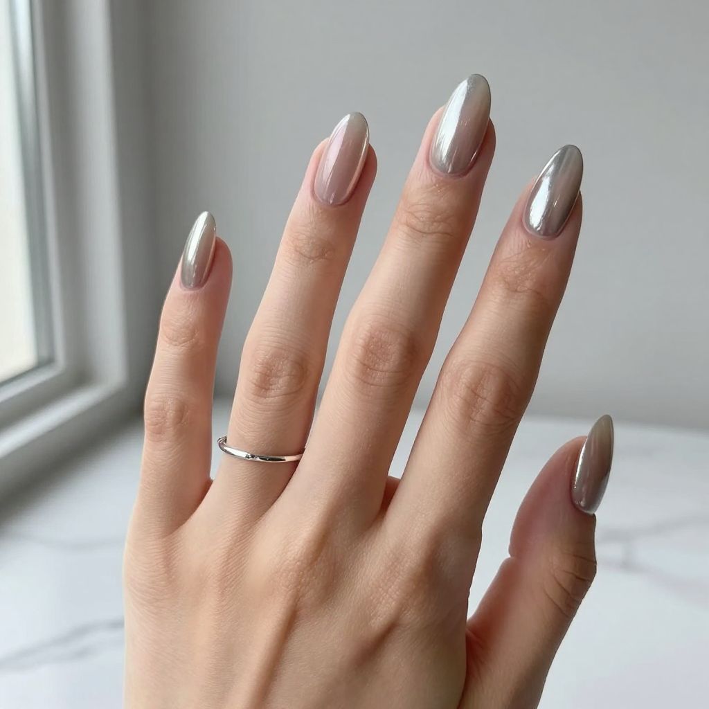 Metallic Silver Almond French Tips