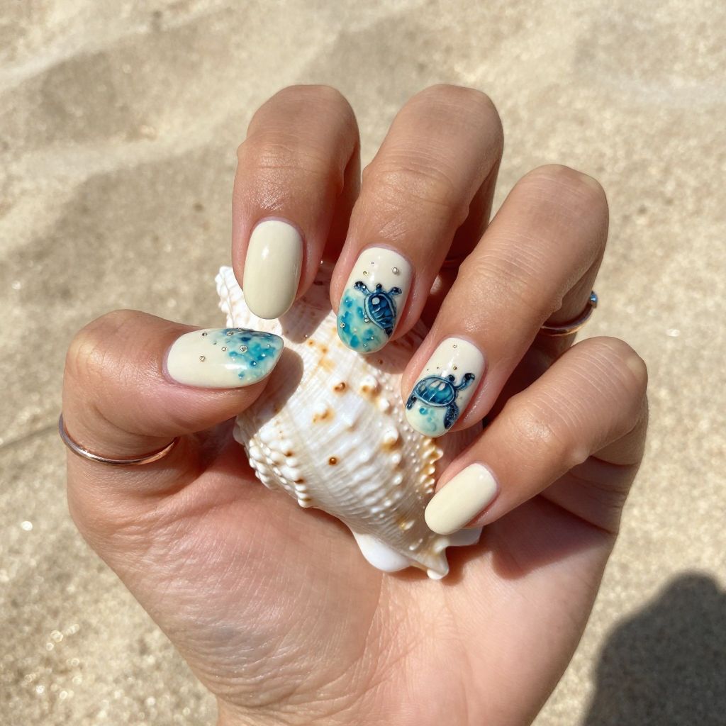 Cream with Painted Sea Turtle Detail