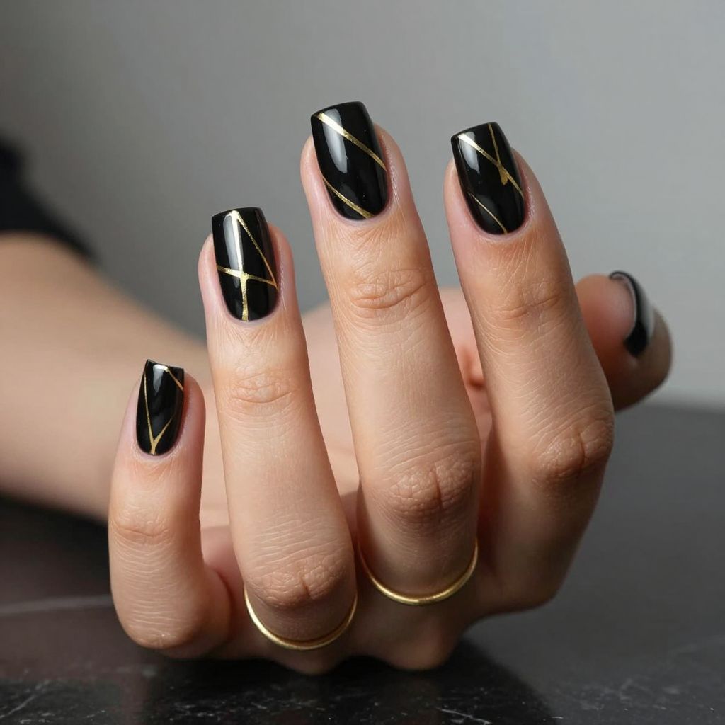 Black and Gold Geometric Birthday Nails