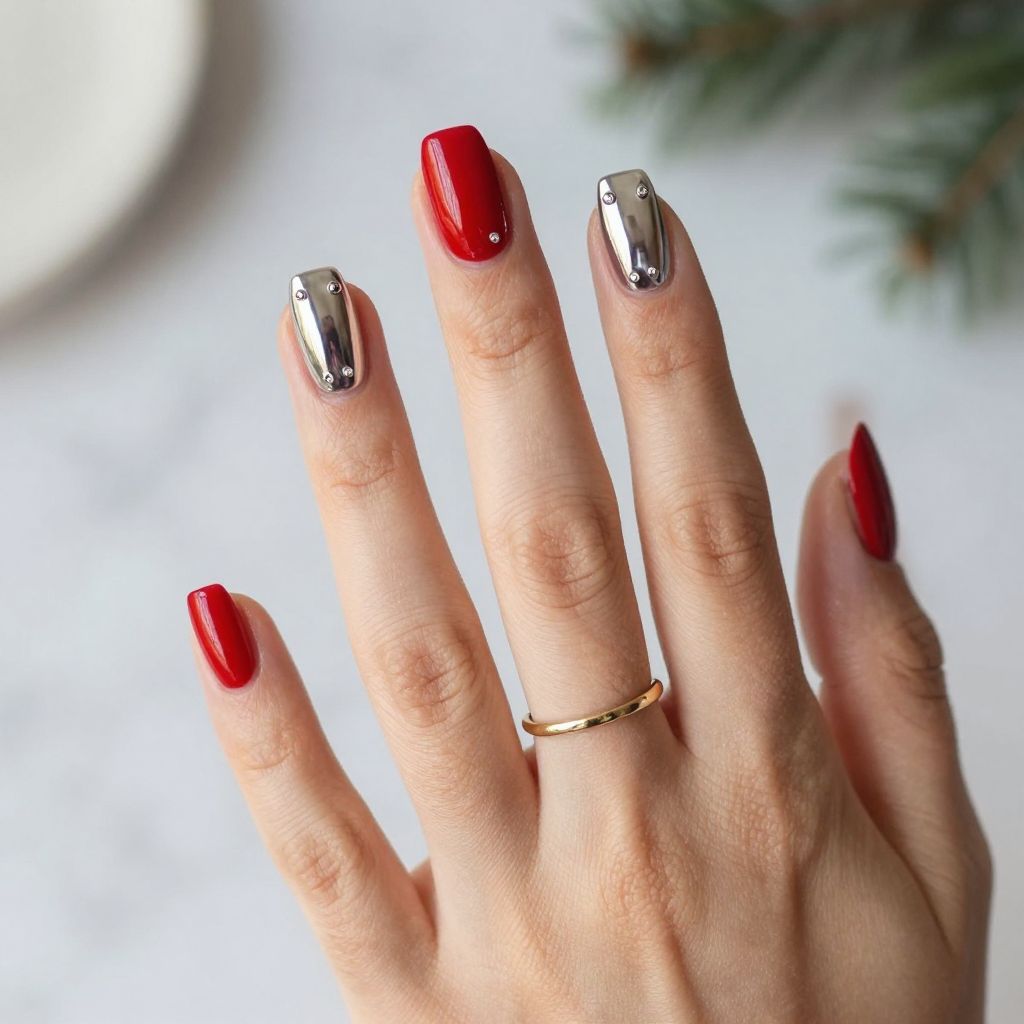 Silver Chrome with Red Accent Nails
