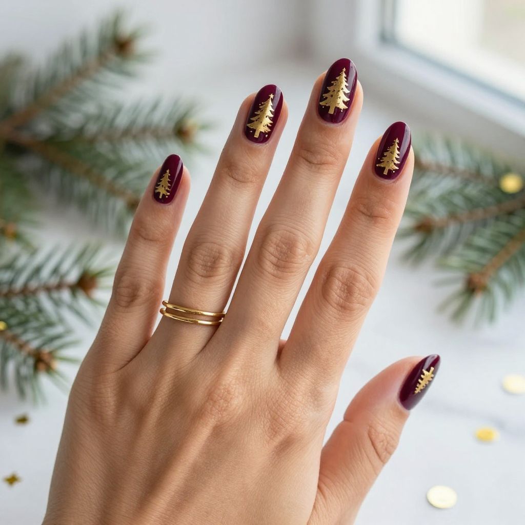 Deep Plum with Gold Christmas Tree Silhouettes