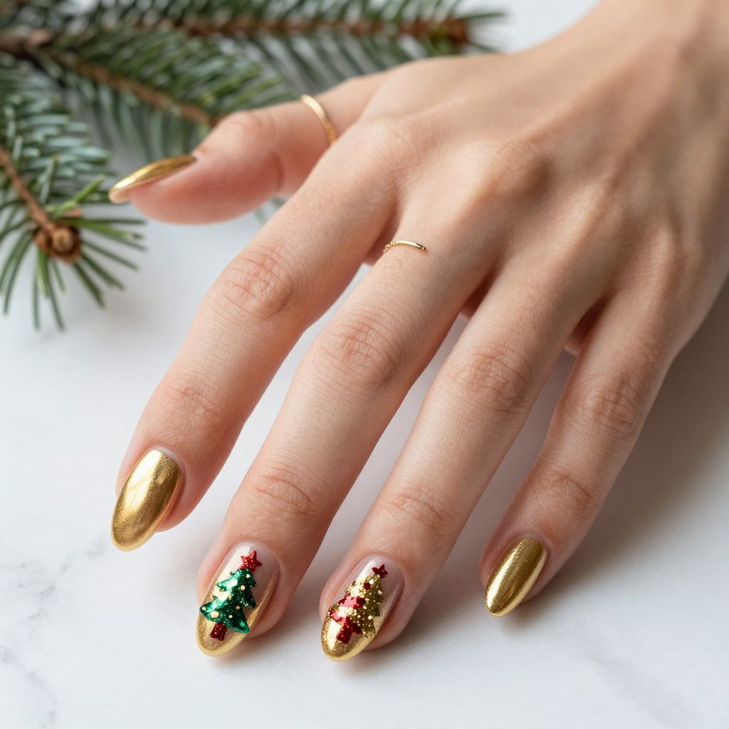 Gold Base with Christmas Tree Glitter Nail Art