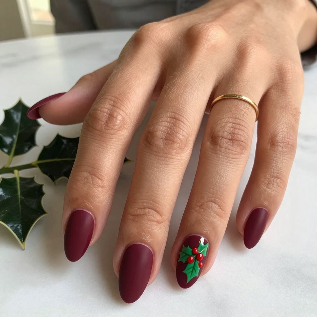 Deep Burgundy with Holly Leaf Nail Art