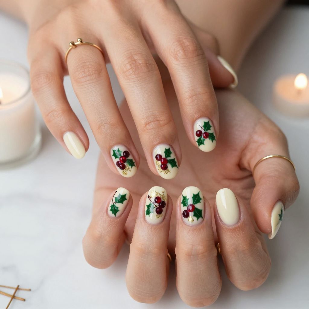 Cream with Red Holly and Gold Berries