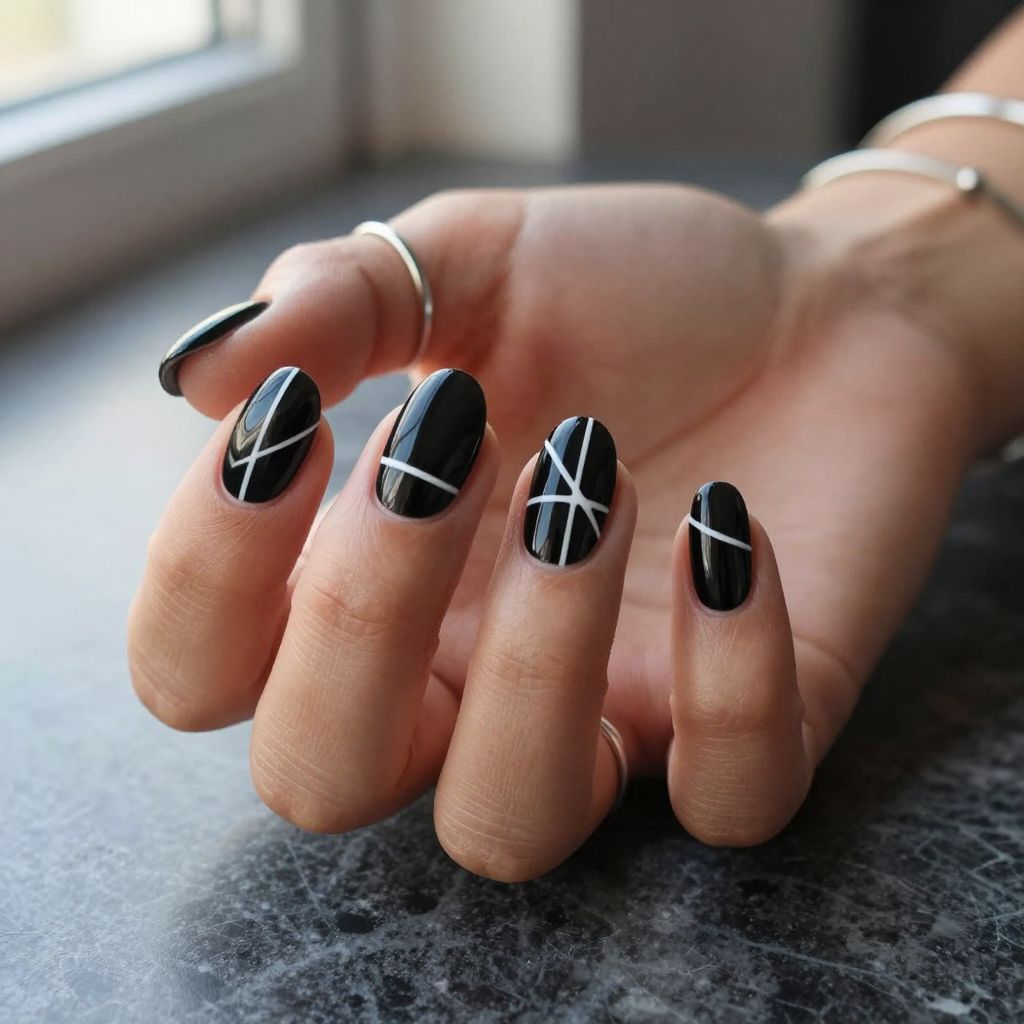 Glossy Black with White Line Art