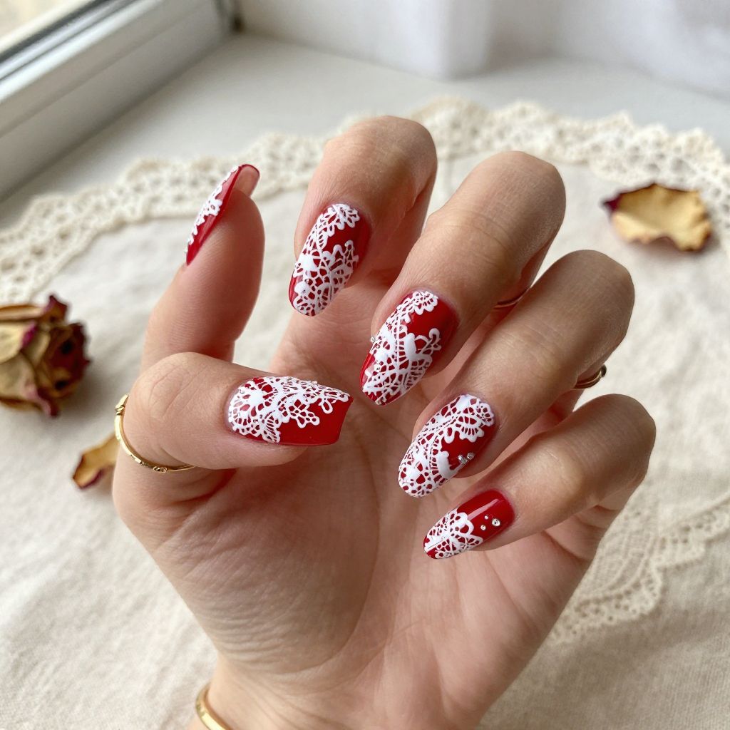 Oxblood Red with White Lace Detail Coffins