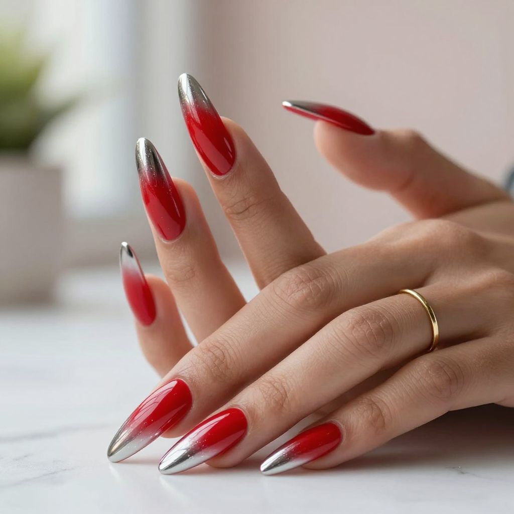 Fire Red Ombre with Chrome Tips Coffins