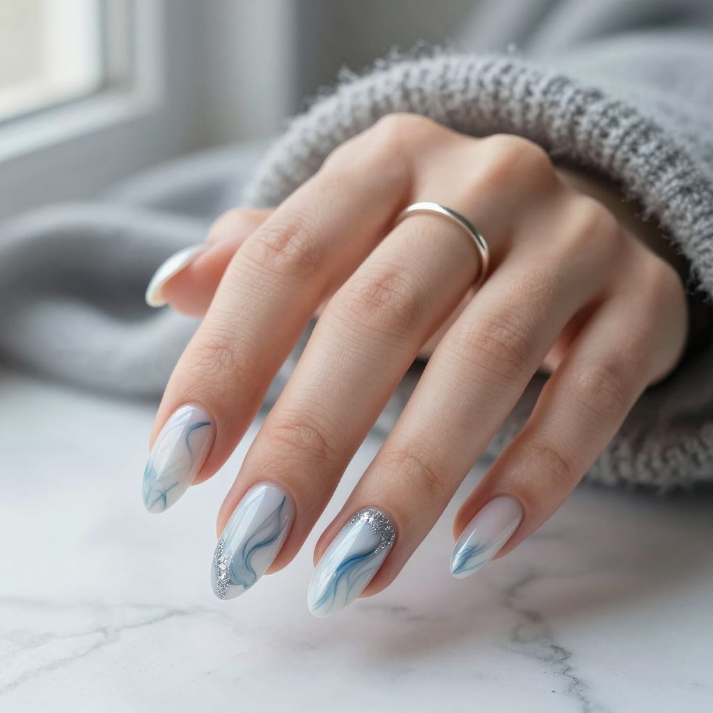 Icy Blue Marble Nails