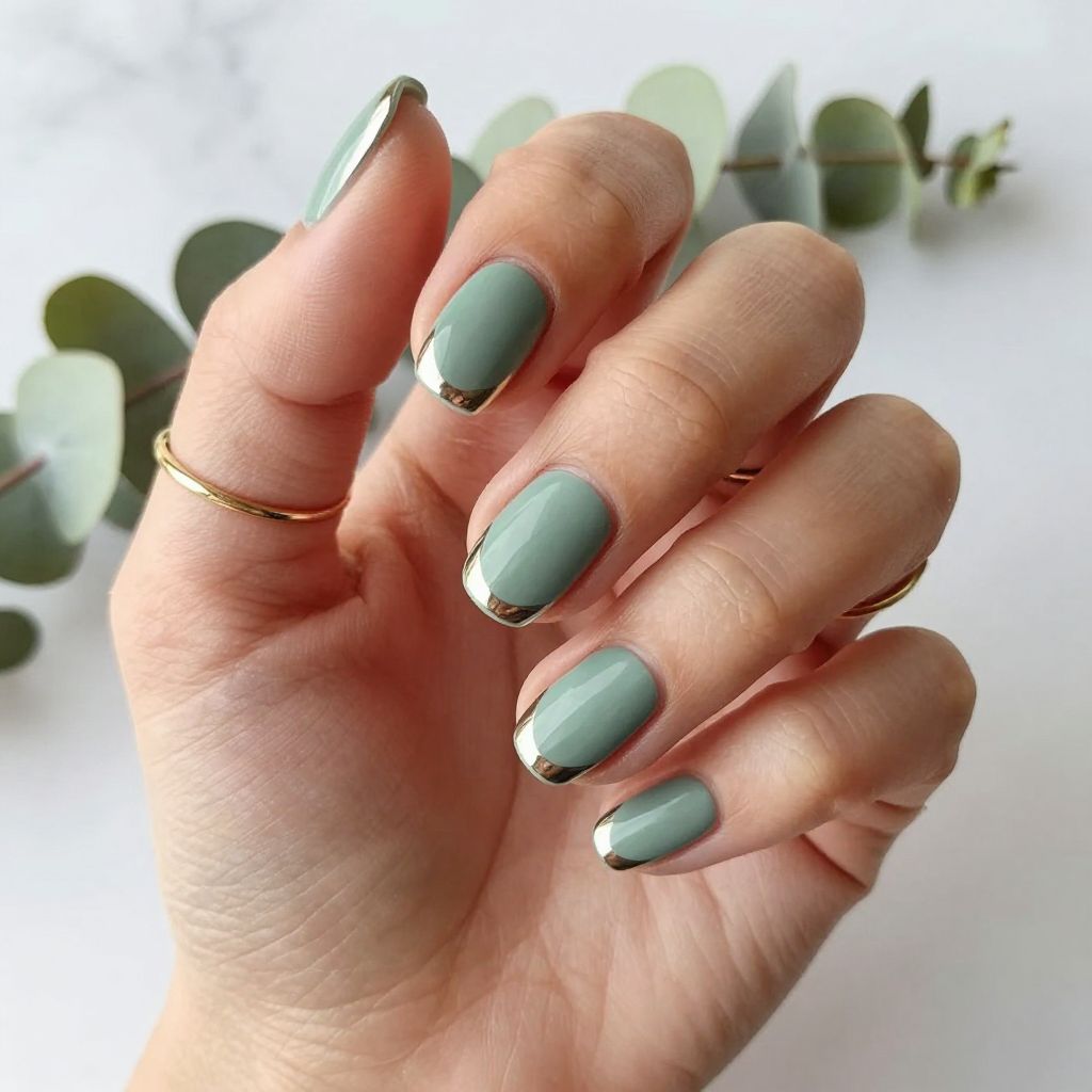 Sage Green Matte Nails With Chrome Accents