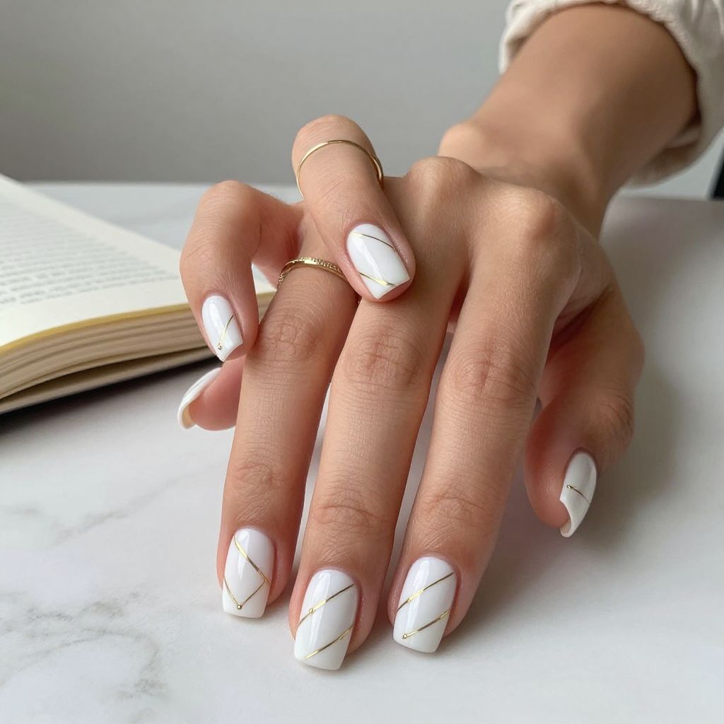 White Nails With Delicate Gold Line Work