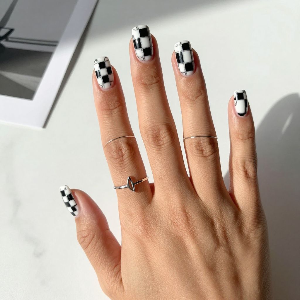 Black and White Geometric Tile Pattern Nails