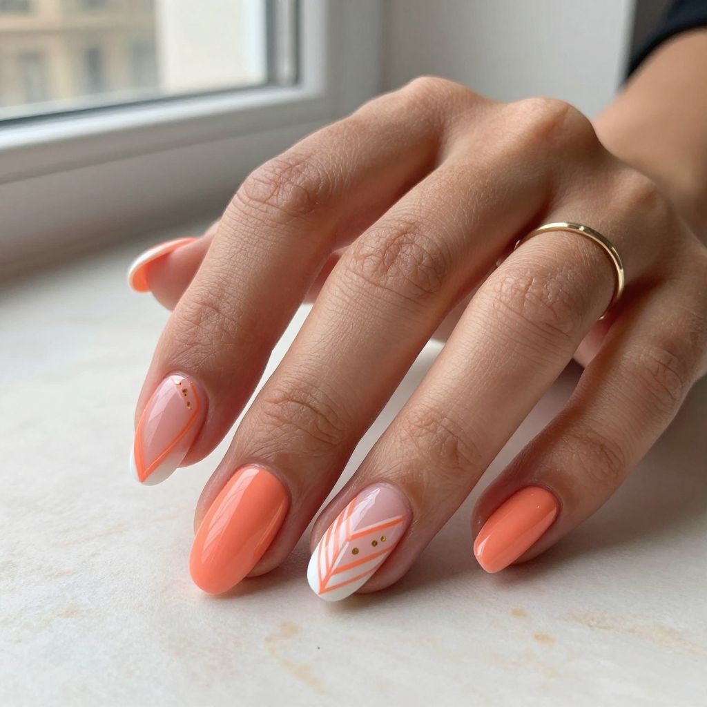 Coral and White with Geometric Design French Tip Nail Design