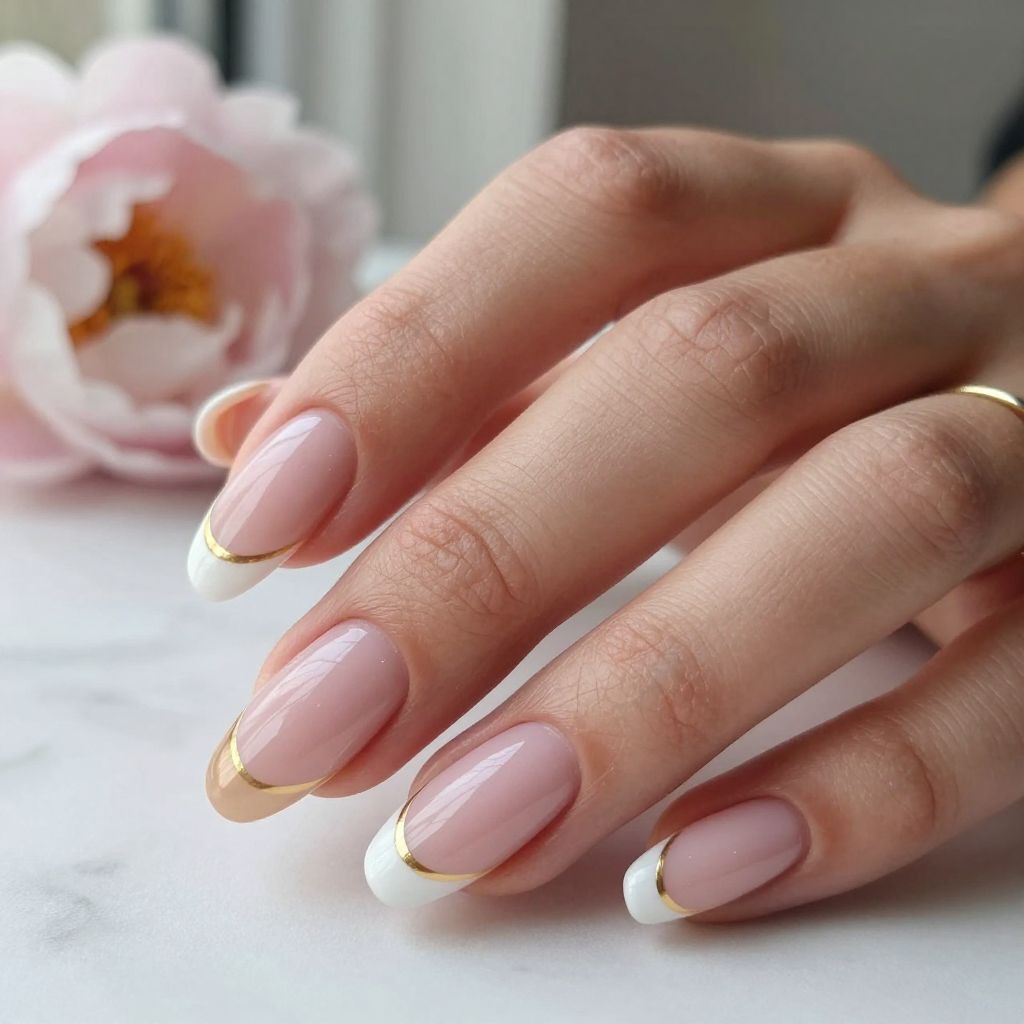 Blush Pink with Thin Gold Stripe French Tip Nail Design