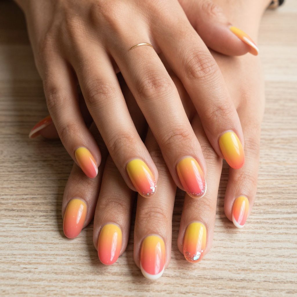 Sunset Ombré with Glitter Tips French Tip Nail Design