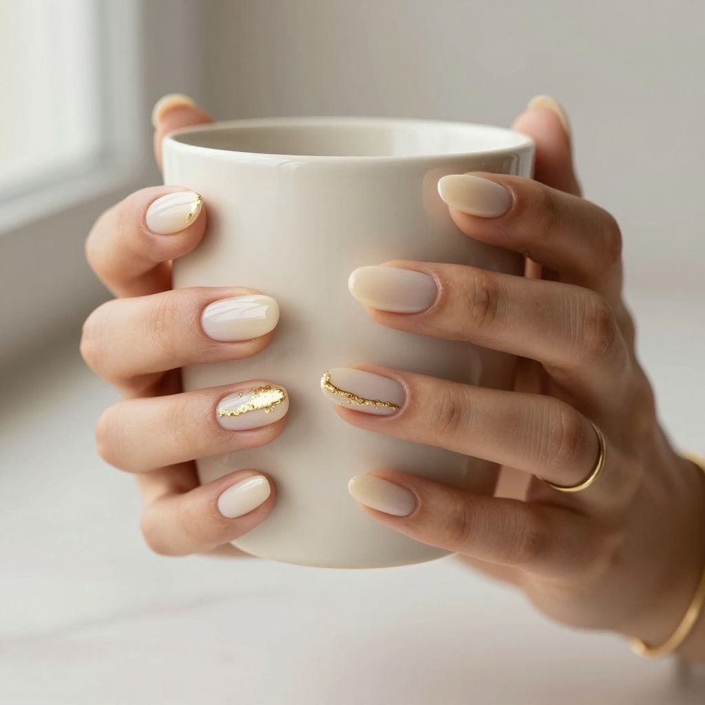 Nude French Tips with Gold Accents