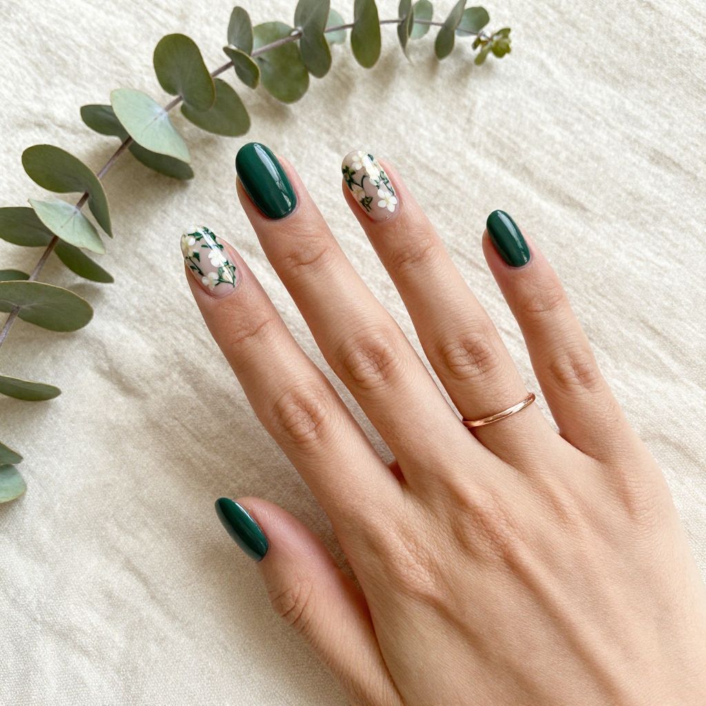 Forest Green Pressed Flower Oval Nails