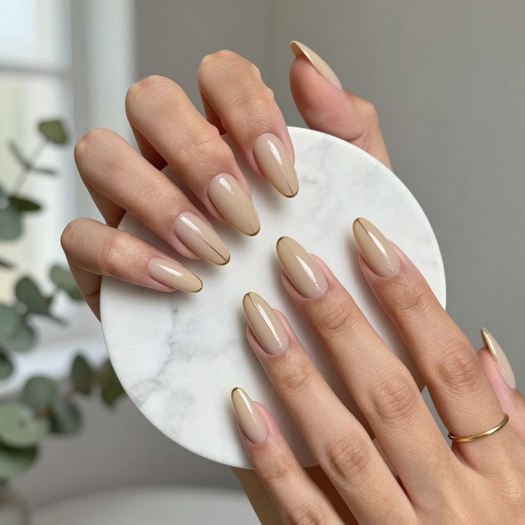 Nude with Minimalist Gold Stripe Coffin Nails