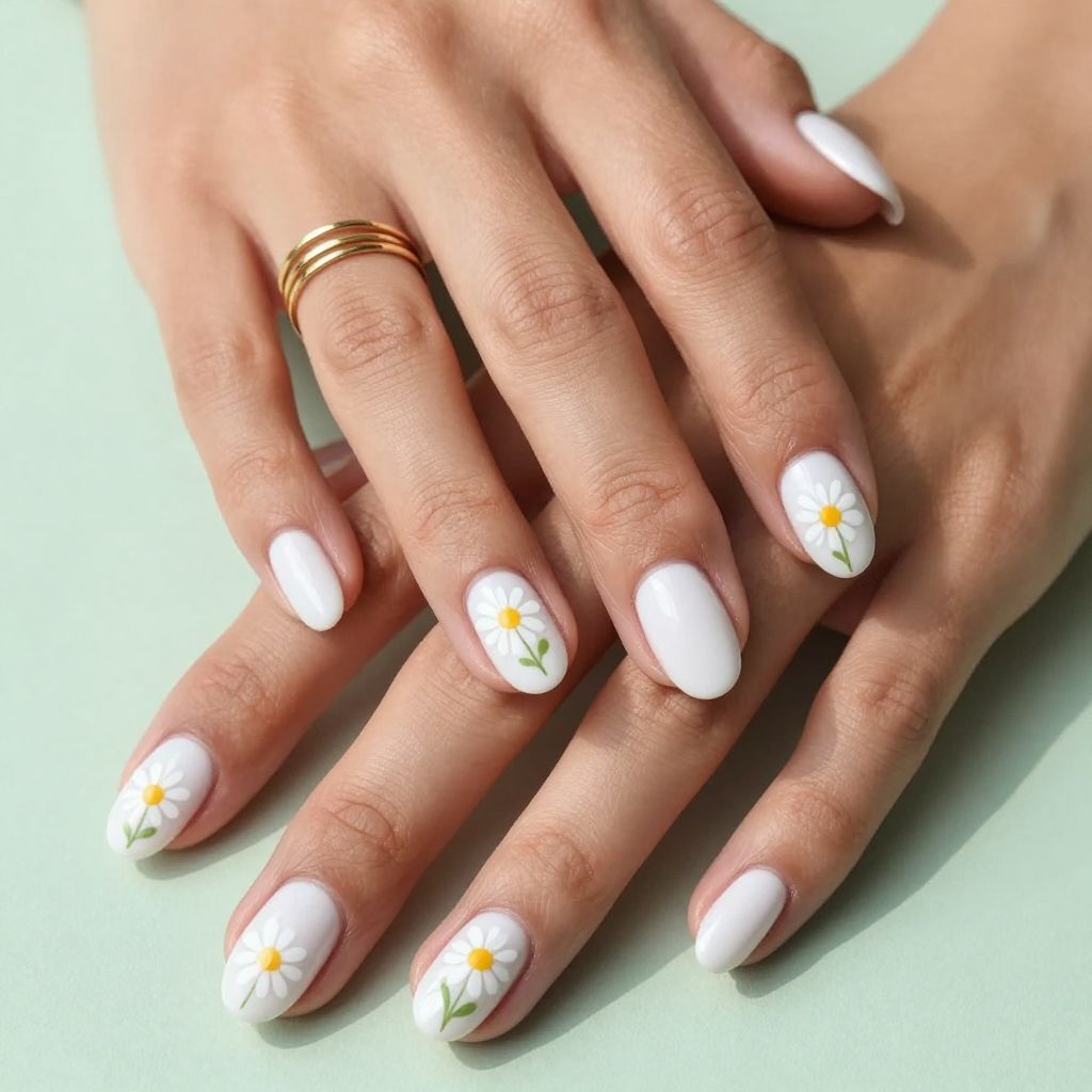 White Daisy Chain Oval Nails