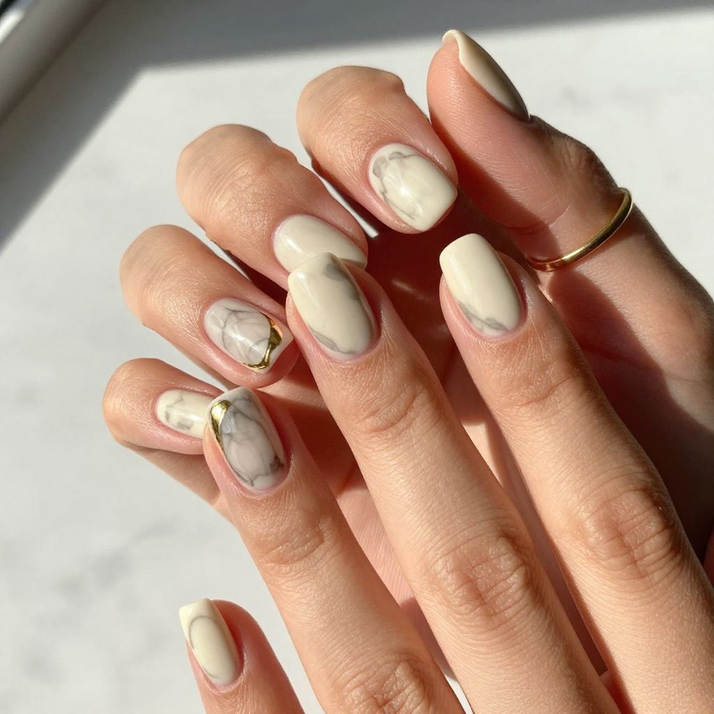Cream Marble Rounded Square Nails