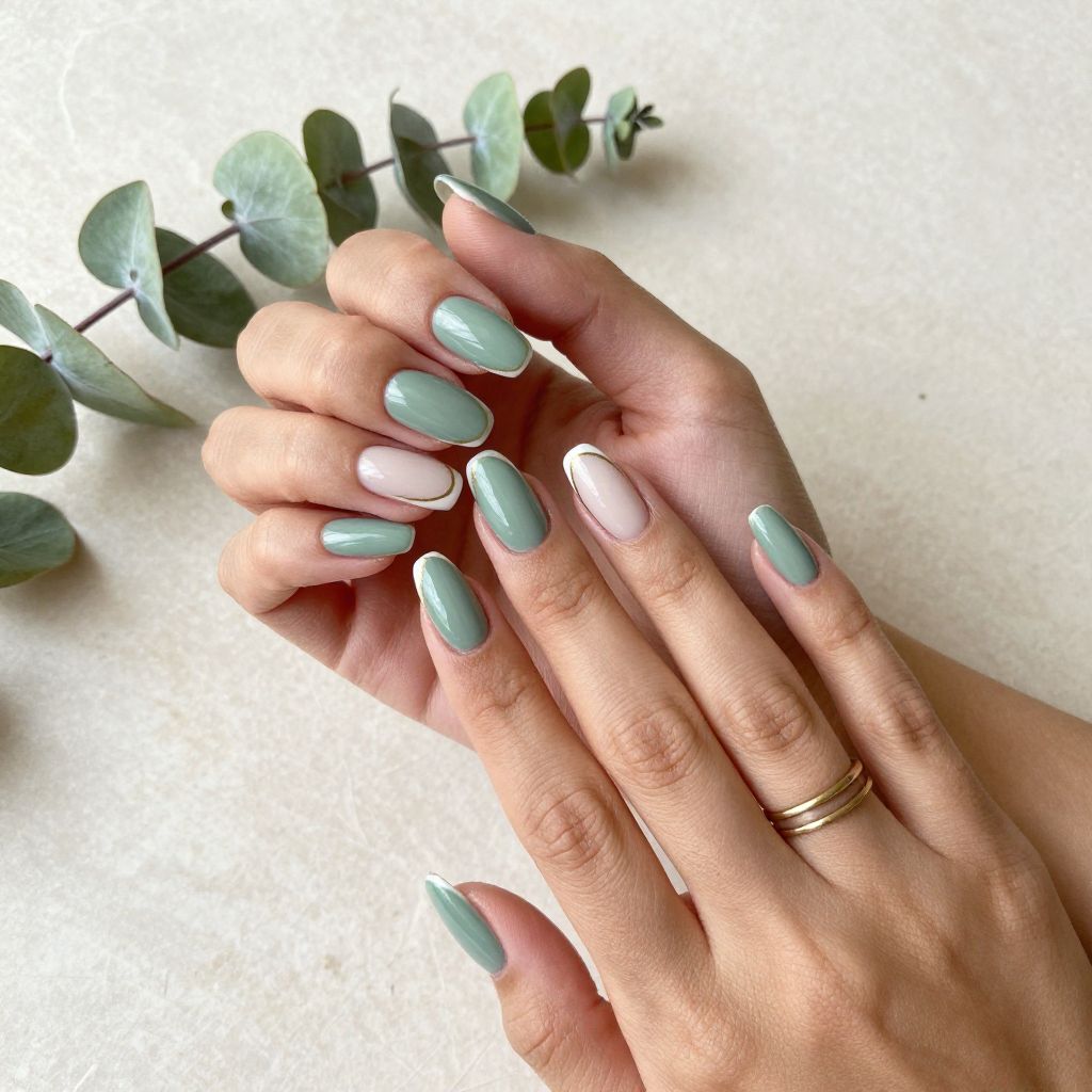 Sage Green French Tip Coffin Nails