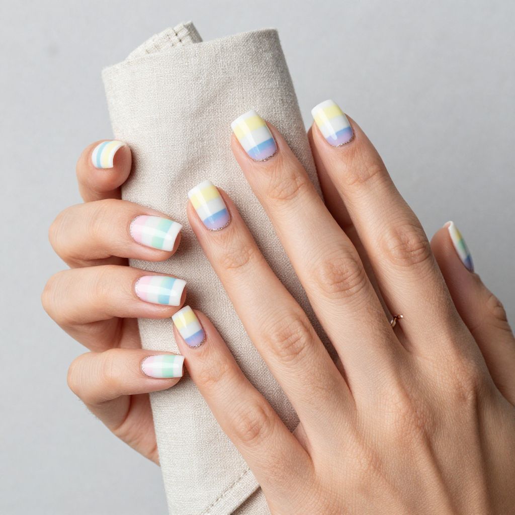 Cute nail designs short - Soft White with Pastel Rainbow Stripes