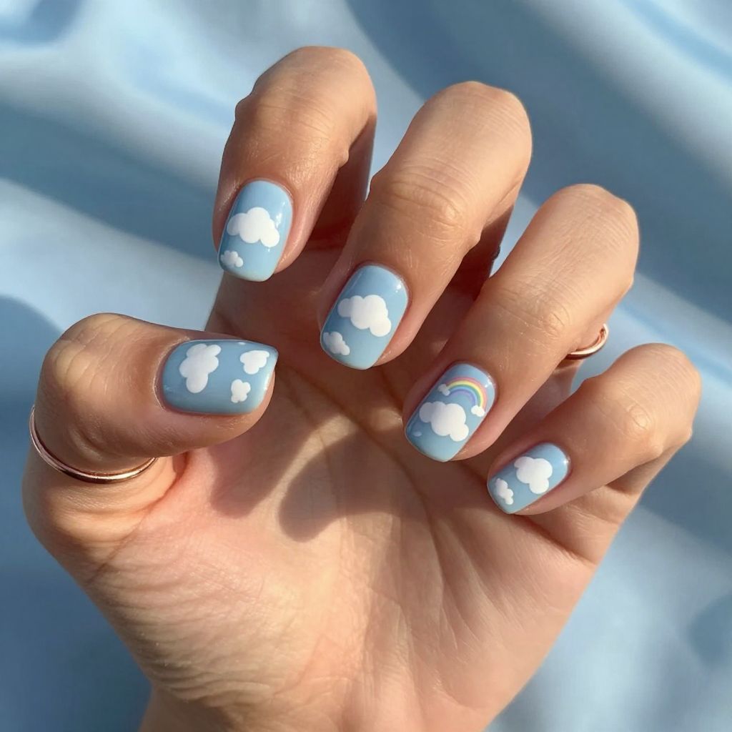 Cute nail designs short - Baby Blue with Cloud Design