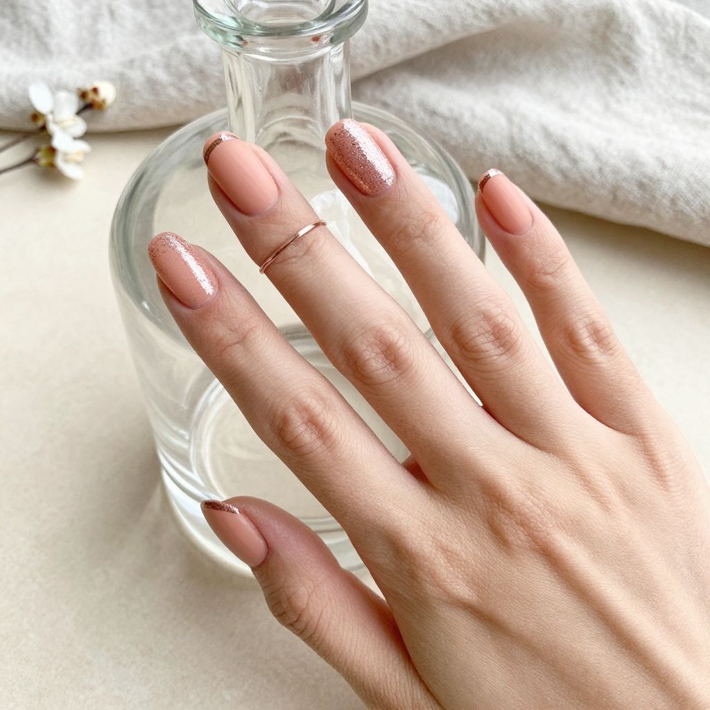 Cute nail designs short - Peachy Pink with Micro Glitter Tips