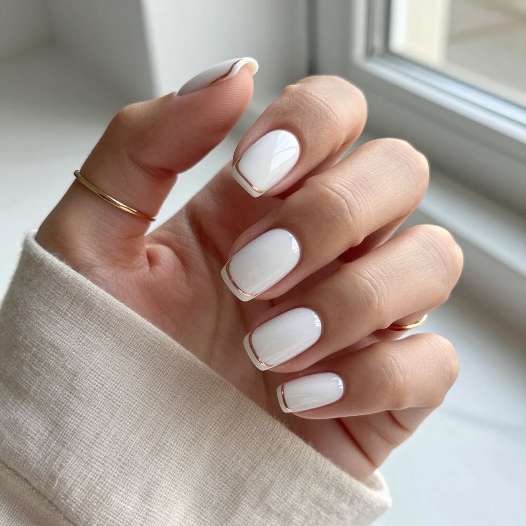 Cute nail designs short - White with Thin Metallic Outline