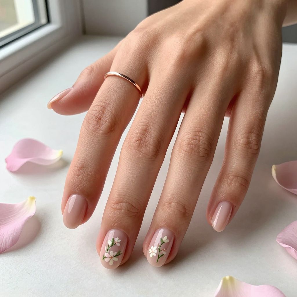 Cute nail designs short - Blush Nude with Delicate Florals