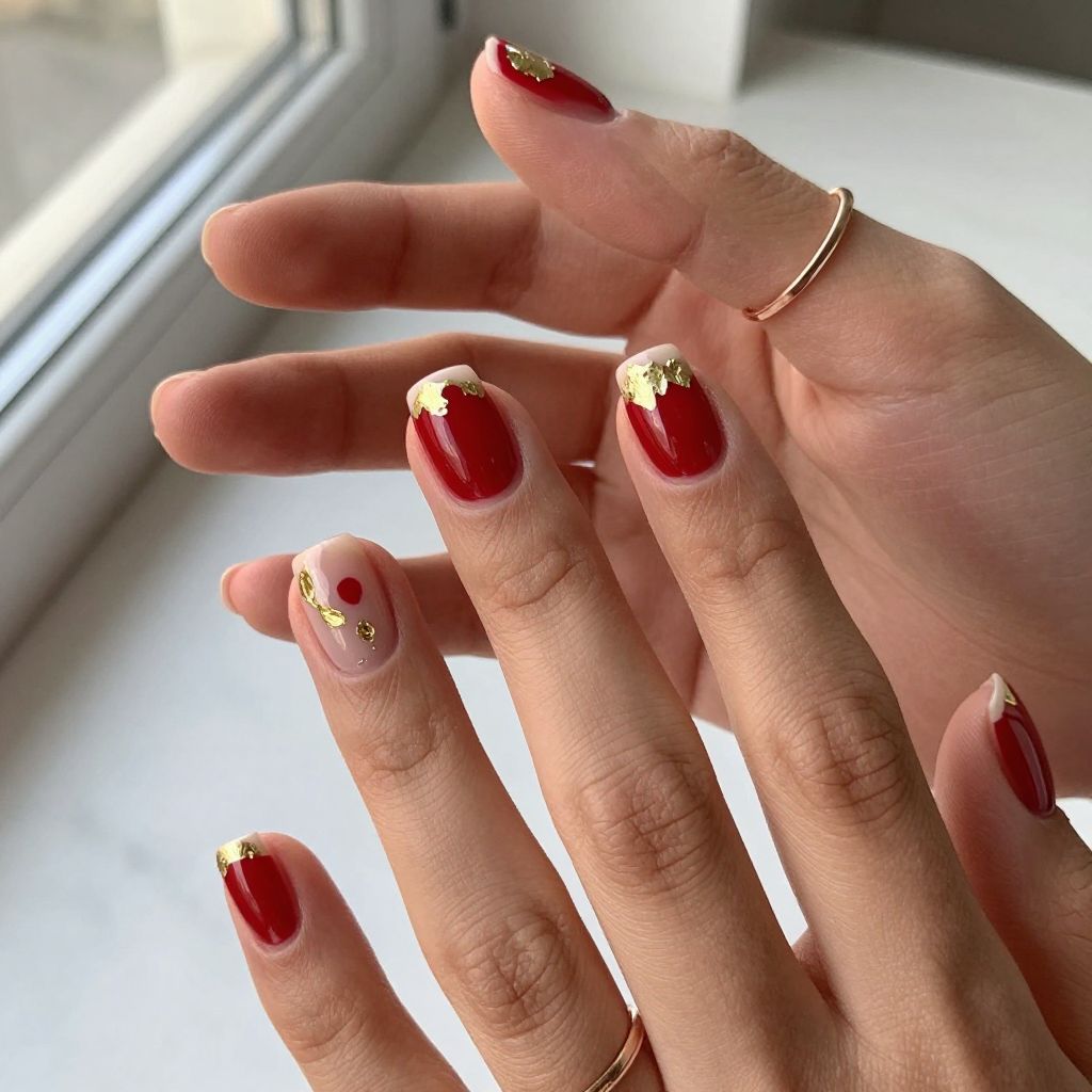 Cute nail designs short - Bold Red with Gold Foil Accents