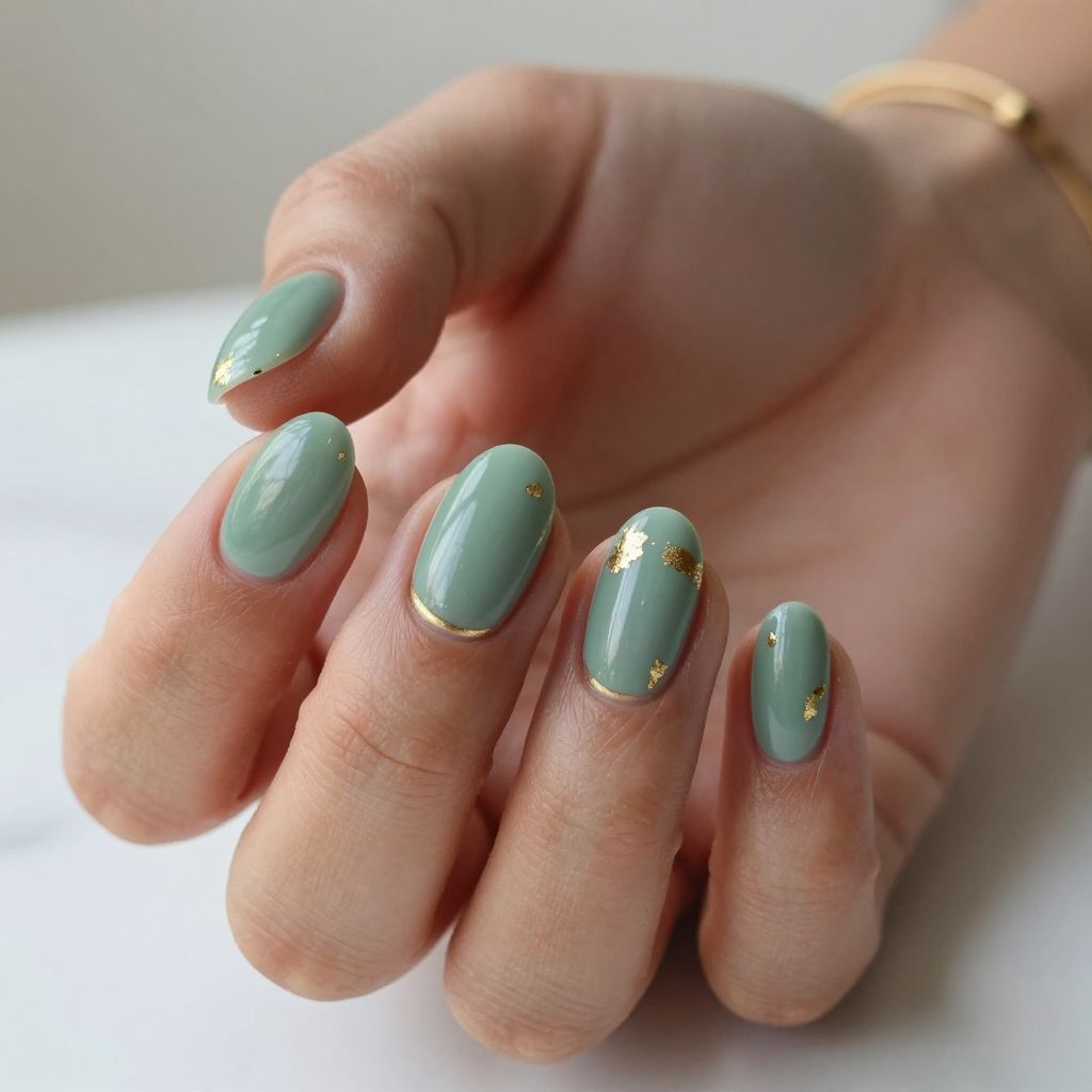 Cute nail designs short - Sage Green with Gold Leaf