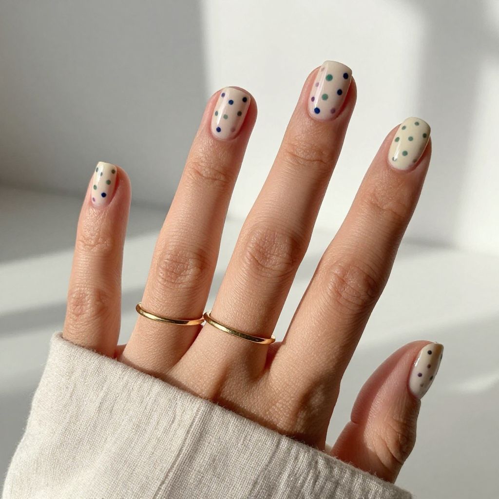 Cute nail designs short - Cream with Tiny Polka Dots
