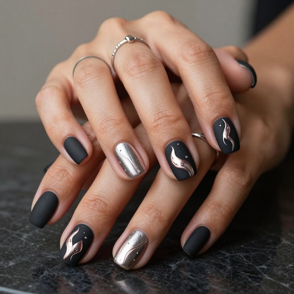 Cute nail designs short - Matte Black with Metallic Swirls