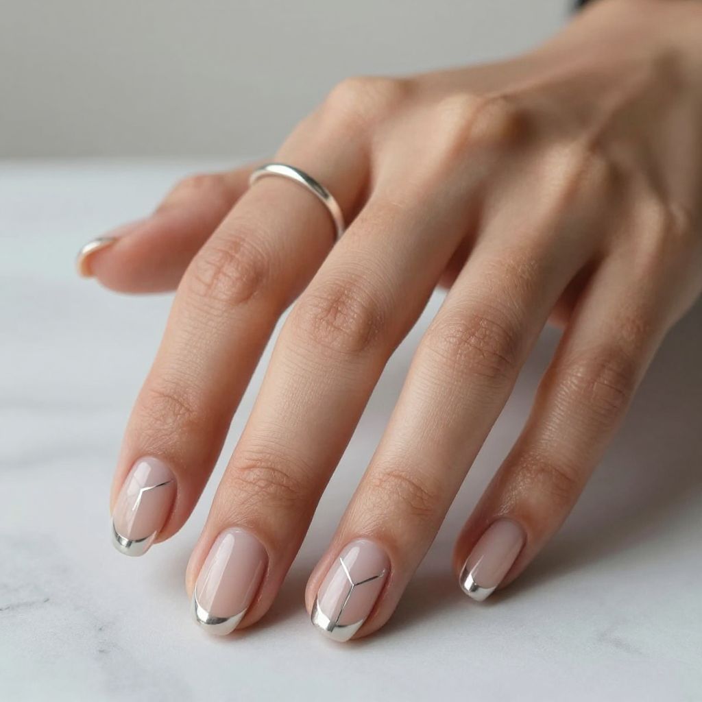 Classic Nude with Thin Silver Nail Art Striping short nail design