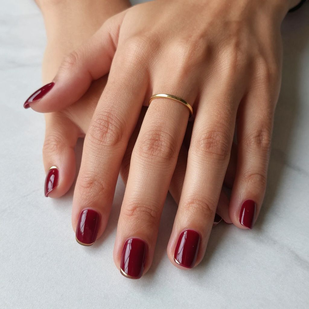 Glossy Red Burgundy Classic short nail design