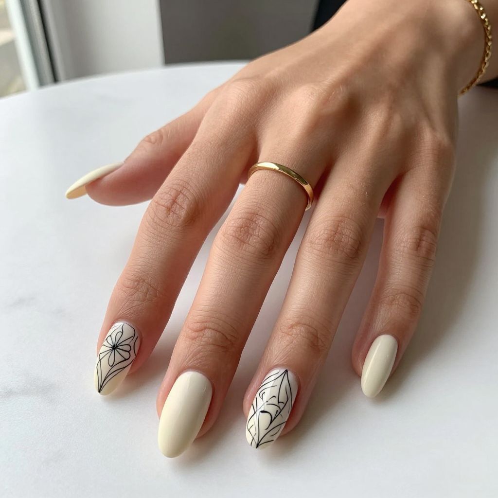 Soft Cream with Black Fine Line Nail Art