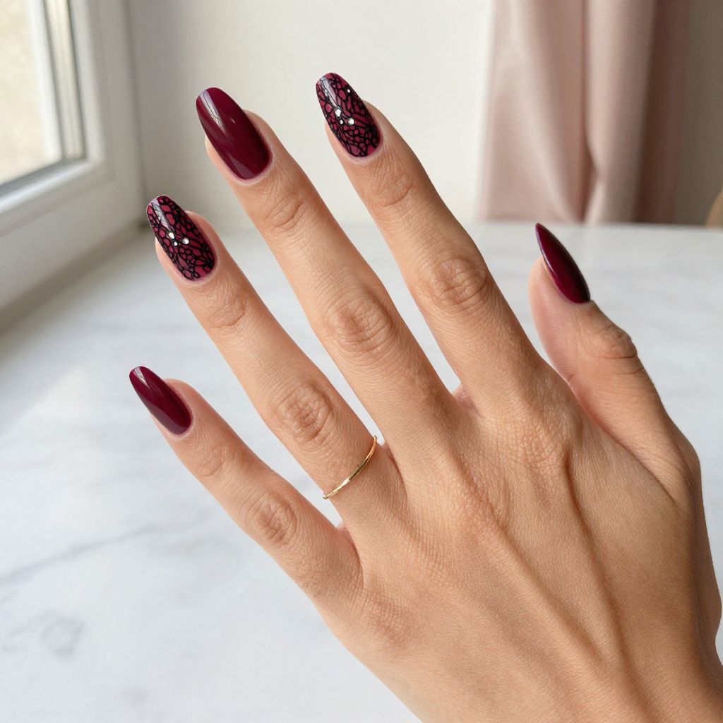 Burgundy with Black Lace Details