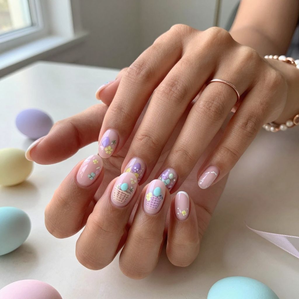 Stamped Easter Basket Motif Nails