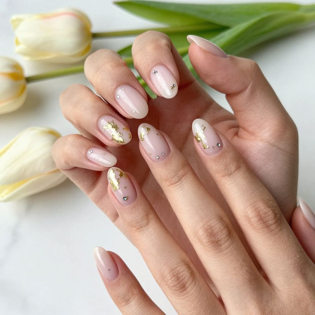 Soft Gold Leaf and Pastel Nails