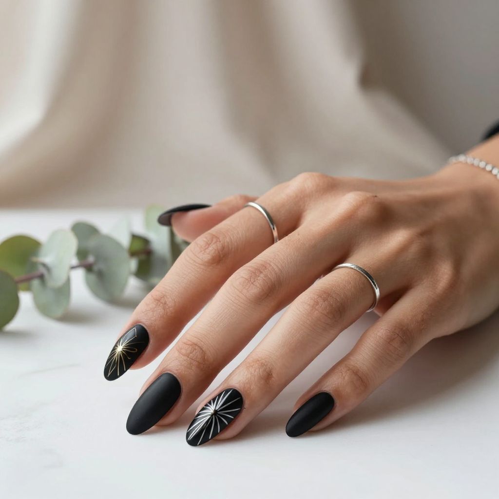 Black with Fine Line Nail Art