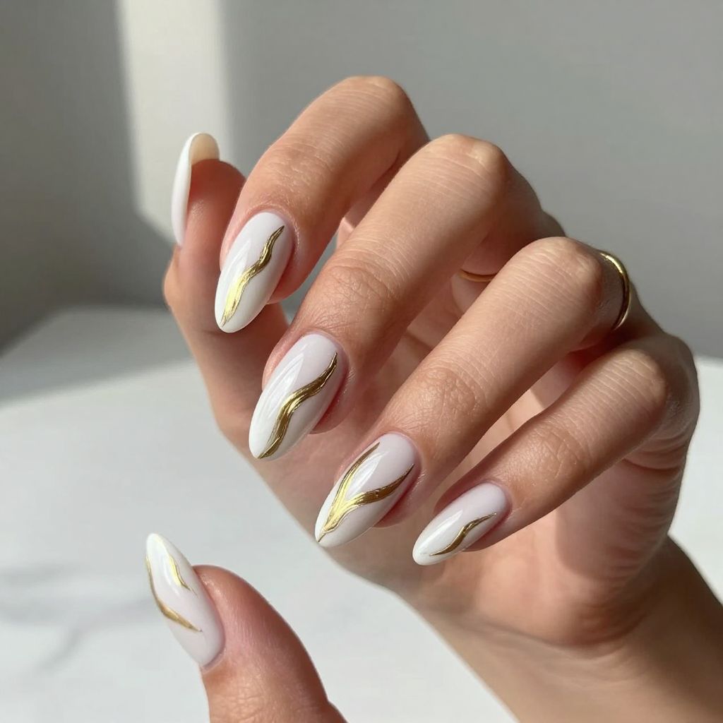 Brushstroke Gold on White Nails