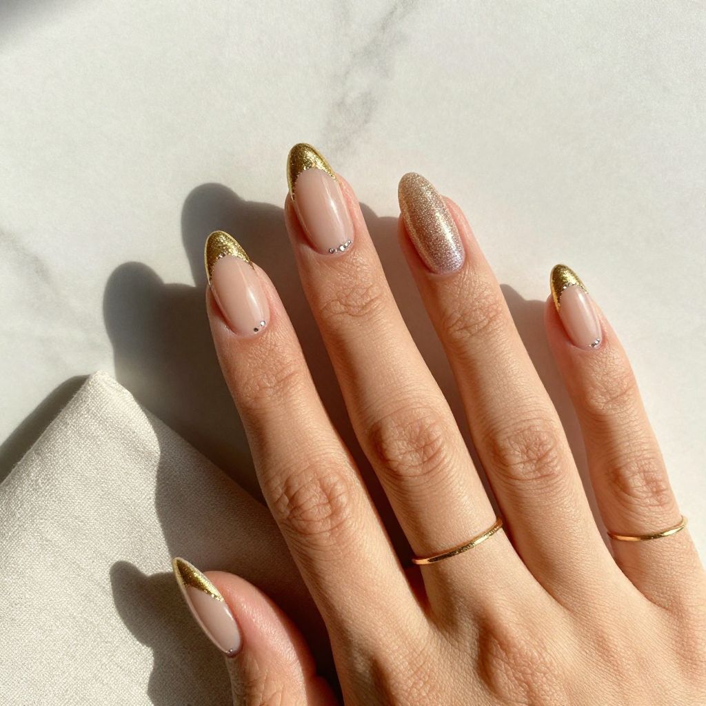 Gold French Tip with Glitter Gradient