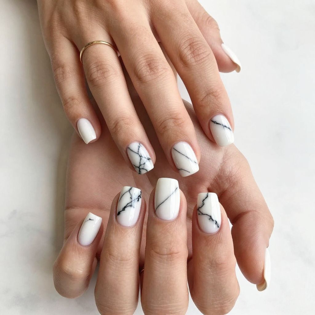 Black and White Marble Veining Nails