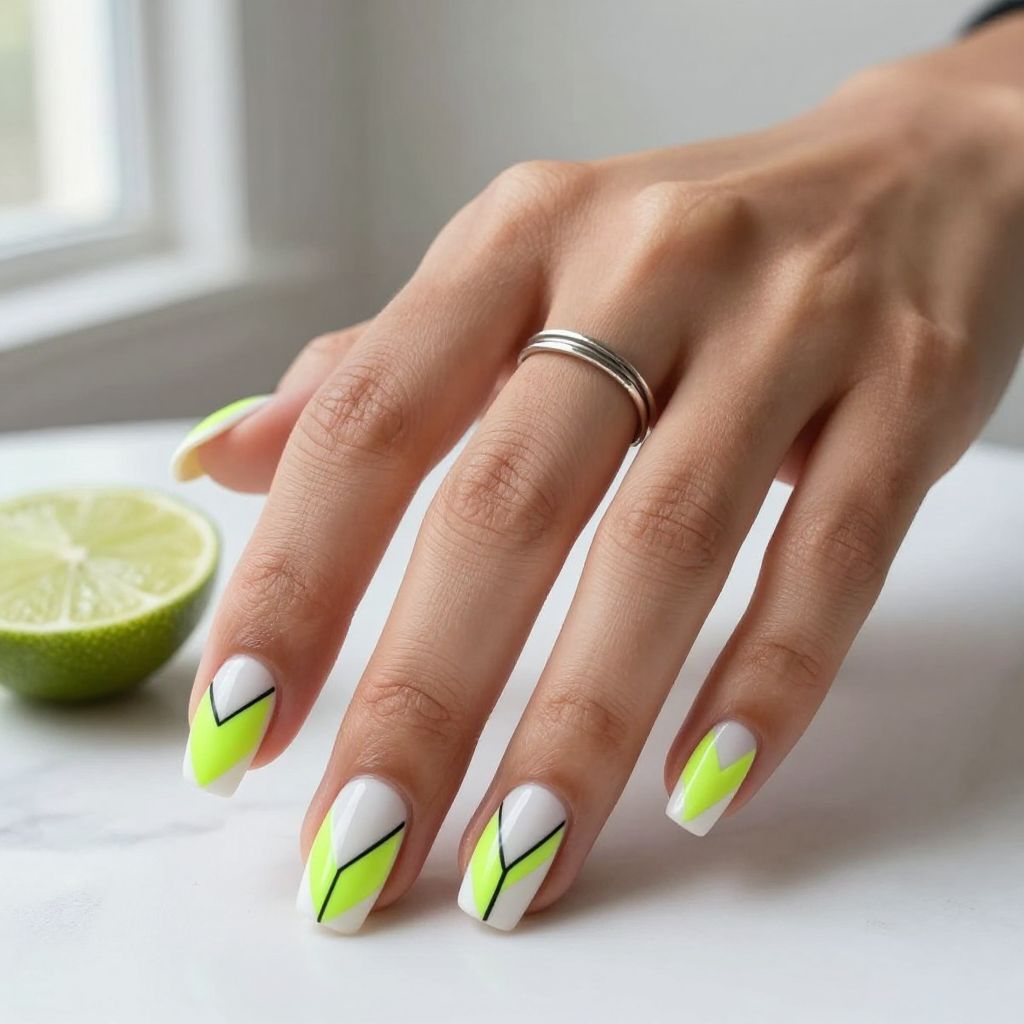 Neon Lime and White Geometric Nails