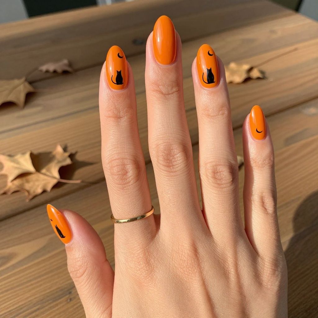 Pumpkin Orange with Black Cat Silhouettes