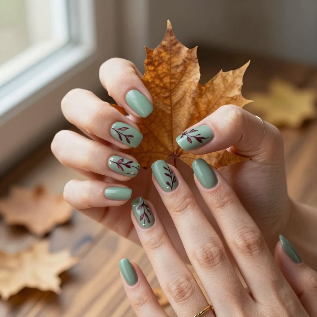 Sage Green with Burgundy Leaf Details
