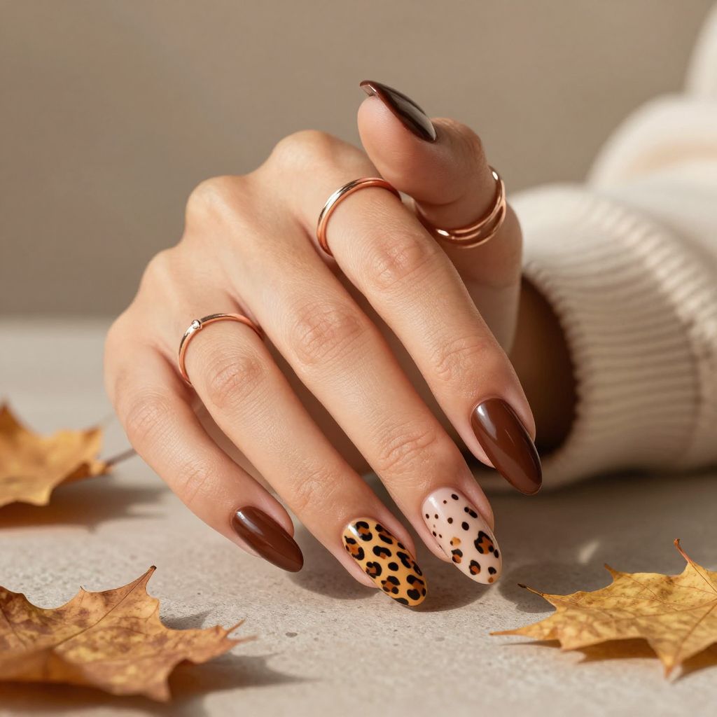 Chocolate Brown with Leopard Print Accent Nails