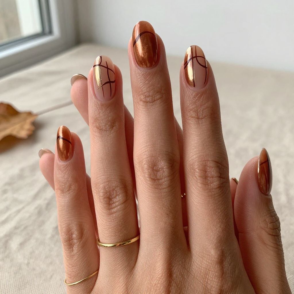 Copper with Fine Line Nail Art