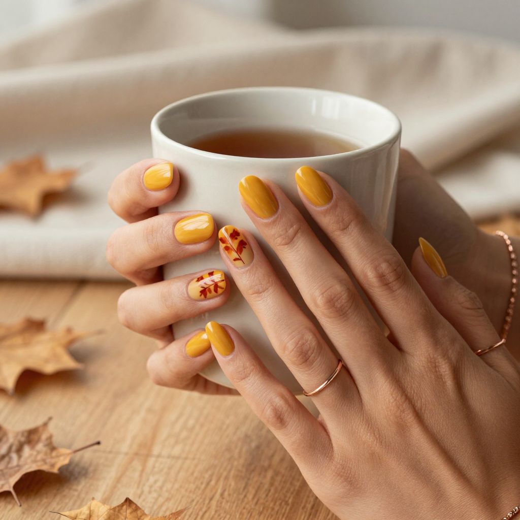 Warm Honey with Leaf Nail Art