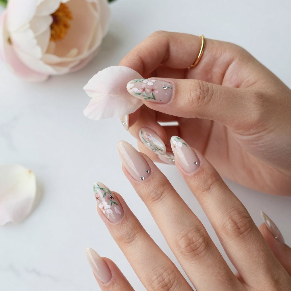 Floral French Tips with Botanical Details